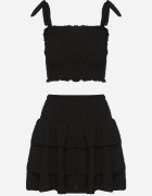 defox Compleu Negru Elastic Top cu Bretele Legate și Fustă Cloș Evialia