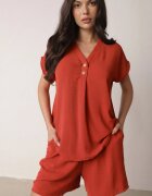 defox Compleu Portocaliu din Viscoză Bluză Decorată cu Nasturi și Pantaloni Scurți Nitamea