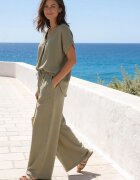 defox Compleu Verde din Viscoză Tricou cu Mânecă Scurtă și Pantaloni Largi cu Elastic cu Buzunare Efraline