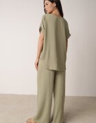 defox Compleu Verde din Viscoză Tricou cu Mânecă Scurtă și Pantaloni Largi cu Elastic cu Buzunare Efraline