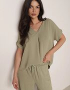 defox Compleu Verde din Viscoză Tricou cu Mânecă Scurtă și Pantaloni Largi cu Elastic cu Buzunare Efraline