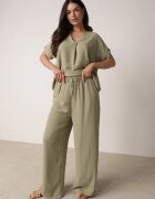 defox Compleu Verde din Viscoză Tricou cu Mânecă Scurtă și Pantaloni Largi cu Elastic cu Buzunare Efraline