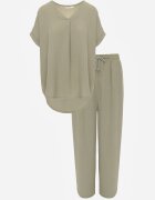 defox Compleu Verde din Viscoză Tricou cu Mânecă Scurtă și Pantaloni Largi cu Elastic cu Buzunare Efraline
