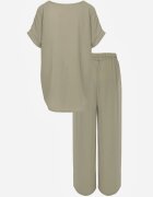 defox Compleu Verde din Viscoză Tricou cu Mânecă Scurtă și Pantaloni Largi cu Elastic cu Buzunare Efraline