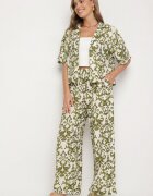 defox Compleu Verde închis din Viscoză cu Model Ornamental Cămașă și Pantaloni Evialirae