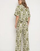 defox Compleu Verde închis din Viscoză cu Model Ornamental Cămașă și Pantaloni Evialirae