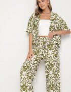 defox Compleu Verde închis din Viscoză cu Model Ornamental Cămașă și Pantaloni Evialirae