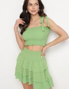 defox Compleu Verde Top Elastic cu Bretele Legate și Fustă Evazată Evialia