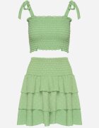 defox Compleu Verde Top Elastic cu Bretele Legate și Fustă Evazată Evialia