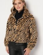defox Jachetă Bejă de blană cu imprimeu zebră cu croială dreaptă cu elastic și buzunare Velsomi