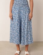 defox Pantaloni Albastre din Bumbac Culotte cu Elastic în Talie Karemisia