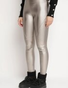 defox Pantaloni Argintii Căptușiți din Imitație de Piele cu Croi Strâmt și Talie Înaltă Rivaki