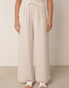 defox Pantaloni Bej cu Vâscoză cu Croi Larg cu Elastic în Talie Lavirre