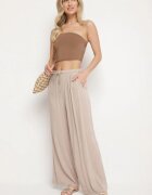 defox Pantaloni Bej de bumbac cu elastic în talie cu o croială lejeră Efraia