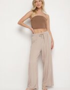 defox Pantaloni Bej de bumbac cu elastic în talie cu o croială lejeră Efraia