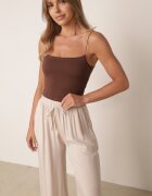 defox Pantaloni bej deschis din bumbac cu picioare largi Palazzo cu elastic în talie Nesira