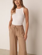 defox Pantaloni bej închis cu picioare largi Palazzo cu elastic în talie Nesira