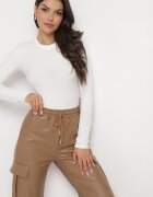 defox Pantaloni bej închis largi căptușiți tip cargo cu buzunare și elastic în talie Novasta