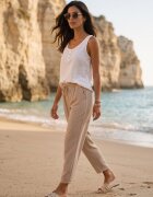 defox Pantaloni Bej Largi cu Buzunare și Elastic în Talie și Șnur Enivia