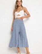 defox Pantaloni culotte Albastre din bumbac cu talie înaltă și cu imprimeu floral Ondinne