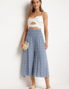 defox Pantaloni culotte Albastre din bumbac cu talie înaltă și cu imprimeu floral Ondinne