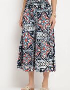 defox Pantaloni culotte bleumarin din bumbac cu talie înaltă și elastic în talie în stil boho Olovia
