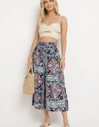 defox Pantaloni culotte bleumarin din bumbac cu talie înaltă și elastic în talie în stil boho Olovia
