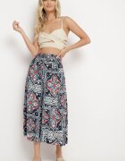 defox Pantaloni culotte bleumarin din bumbac cu talie înaltă și elastic în talie în stil boho Olovia