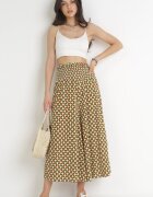defox Pantaloni Culotte Larți Verde Deschis cu bandă elastică lată și model decorativ în talie Henita