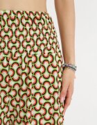 defox Pantaloni Culotte Larți Verde Deschis cu bandă elastică lată și model decorativ în talie Henita