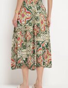 defox Pantaloni Culotte verde închis din bumbac cu talie înaltă și elastic în talie în stil Boho Olovia