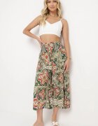 defox Pantaloni Culotte verde închis din bumbac cu talie înaltă și elastic în talie în stil Boho Olovia