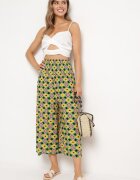 defox Pantaloni Culottes Galben-Verzi Largi cu model mozaic din Bumbac Nanatill