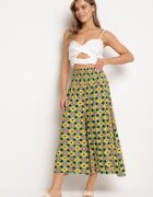 defox Pantaloni Culottes Galben-Verzi Largi cu model mozaic din Bumbac Nanatill