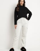 defox Pantaloni gri deschis din bumbac cu elastic în talie și cu buzunare aplicate Selpa