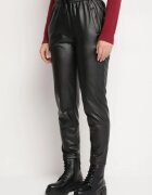defox Pantaloni Negri cu Talie Înaltă din Imitație de Piele cu Elastic în Talie Esarienne