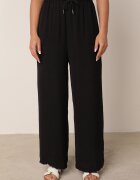 defox Pantaloni Negri cu Vâscoză cu croială largă cu talie elastică Lavirre