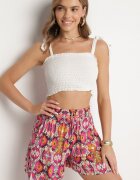 defox Pantaloni scurți Fuchsia de bumbac largi în imprimeu abstract cu buzunare Jenalirea