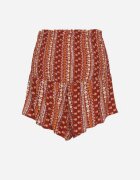 defox Pantaloni scurți roșii de bumbac cu talie înaltă și model geometric Velsedi