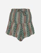 defox Pantaloni scurți Verzi din bumbac cu talie înaltă și imprimeu geometric Velsedi