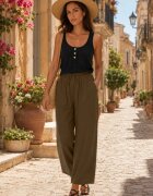 defox Pantaloni Verde închis din bumbac cu picioare largi Palazzo cu elastic în talie Nesira