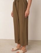 defox Pantaloni Verde închis din bumbac cu picioare largi Palazzo cu elastic în talie Nesira