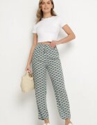 defox Pantaloni Verzi din Bumbac cu Elastic în Talie și Buzunare cu Model Geometric Lisadelia