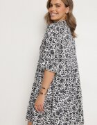 defox Rochie Alb-Bleumarin Din Bumbac Cu Flori Cu Croială Cloș Jenaleira