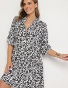 defox Rochie Alb-Bleumarin Din Bumbac Cu Flori Cu Croială Cloș Jenaleira