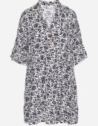 defox Rochie Alb-Bleumarin Din Bumbac Cu Flori Cu Croială Cloș Jenaleira