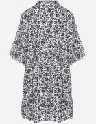 defox Rochie Alb-Bleumarin Din Bumbac Cu Flori Cu Croială Cloș Jenaleira