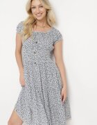 defox Rochie Alb-Bleumarin Din bumbac cu Flori Mici cu Elastic în Talie Fielita