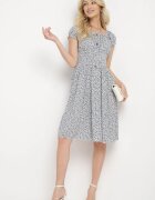 defox Rochie Alb-Bleumarin Din bumbac cu Flori Mici cu Elastic în Talie Fielita