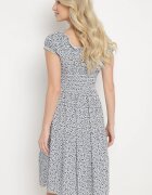 defox Rochie Alb-Bleumarin Din bumbac cu Flori Mici cu Elastic în Talie Fielita